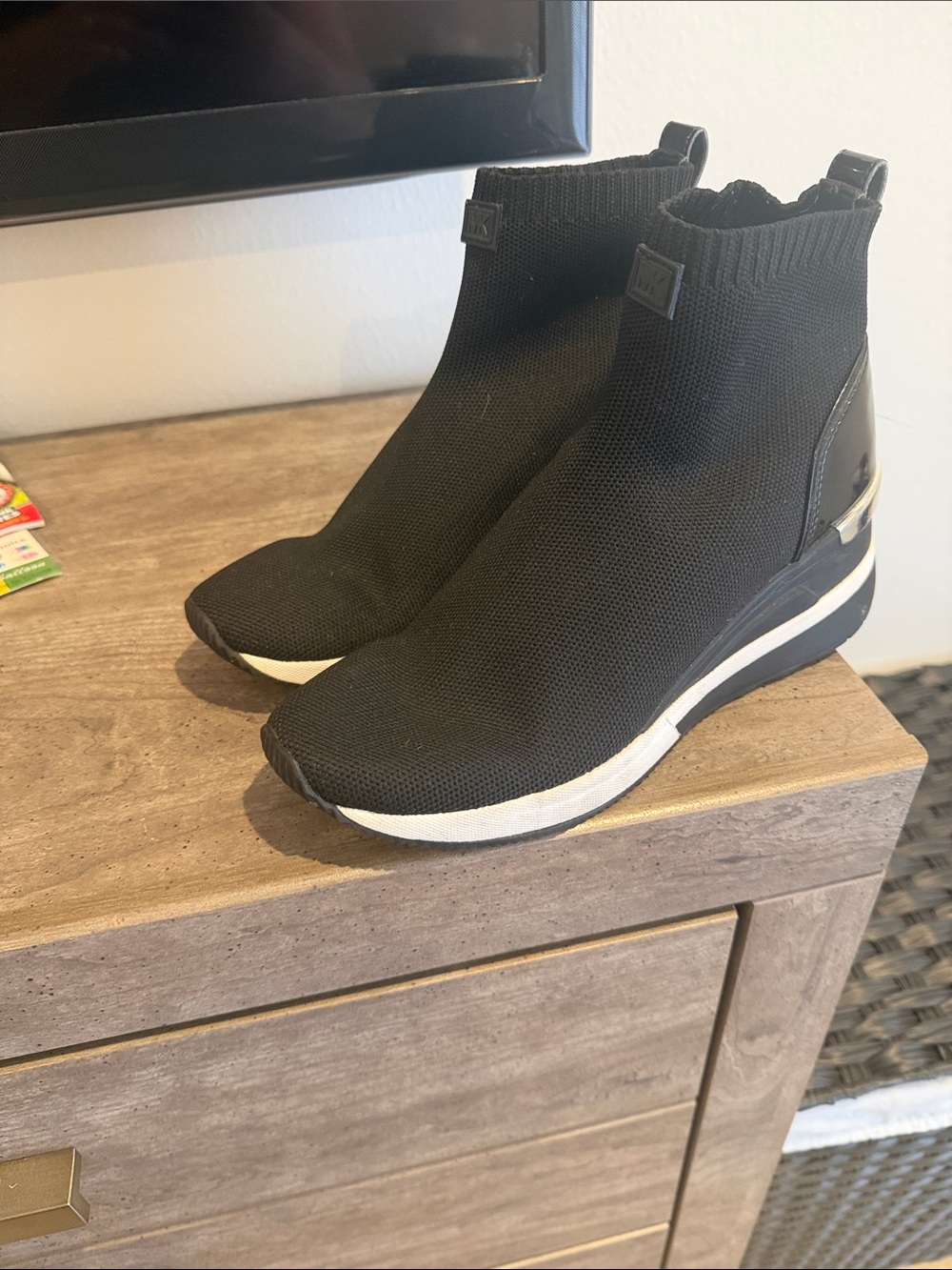 Michael Kors Black Knit Slip-On Wedge Sneakers with White Accent
